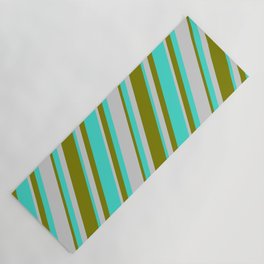 [ Thumbnail: Turquoise, Light Grey & Green Colored Lines/Stripes Pattern Yoga Mat ]