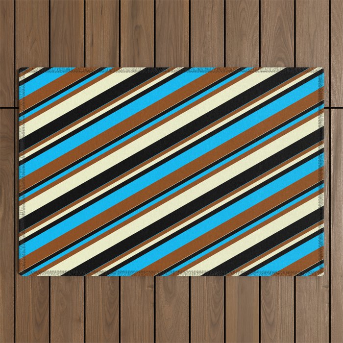Deep Sky Blue, Brown, Light Yellow & Black Colored Lines Pattern Outdoor Rug