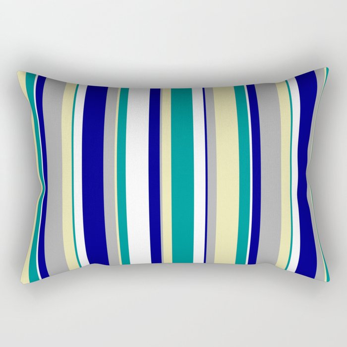 Eye-catching Dark Cyan, Pale Goldenrod, Dark Grey, Blue, and White Colored Lines Pattern Rectangular Pillow