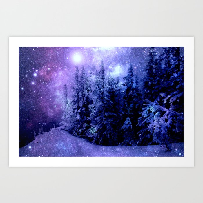 Galaxy Winter Forest Lavender Purple Blue Art Print