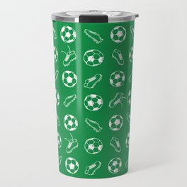 Soccer balls and boots doodle pattern. Digital Illustration Background Travel Mug