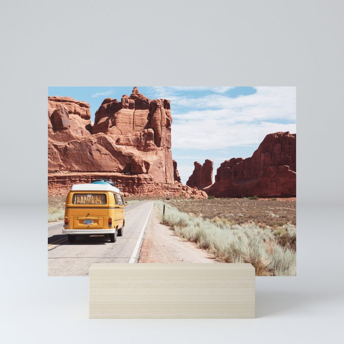 Red SouthWest Desert Roadtrip in Yellow V W Camper Van - USA Mini Art Print
