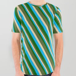 [ Thumbnail: Deep Sky Blue, Dark Green, Dark Olive Green & Tan Colored Pattern of Stripes All Over Graphic Tee ]