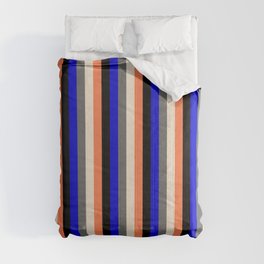 [ Thumbnail: Vibrant Dim Gray, Beige, Coral, Black & Blue Colored Stripes Pattern Comforter ]