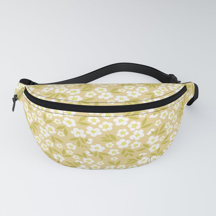 Seamless vintage pattern abstract. Cute white flowers, mustard leaves on a pale yellow background. Vintage texture Fanny Pack