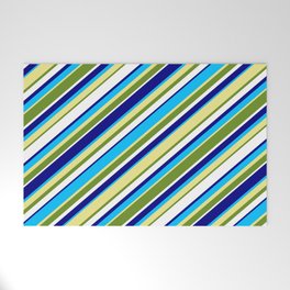 [ Thumbnail: Colorful Blue, Deep Sky Blue, Tan, Green & White Colored Lined Pattern Welcome Mat ]