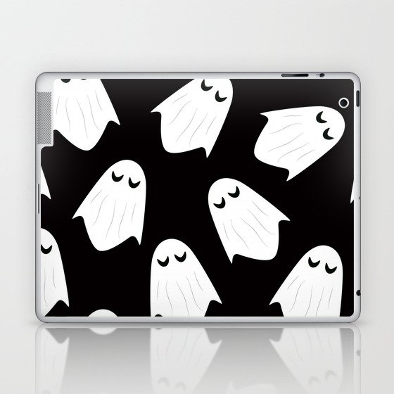 White Boo Ghost Halloween Pattern Black  Laptop & iPad Skin