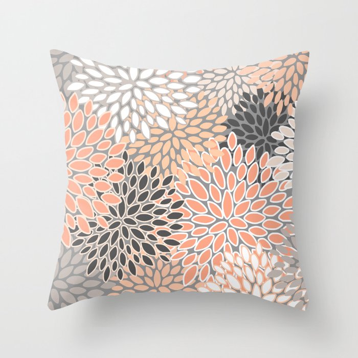Modern, Flowers Print, Coral, Peach and Gray Throw Pillow