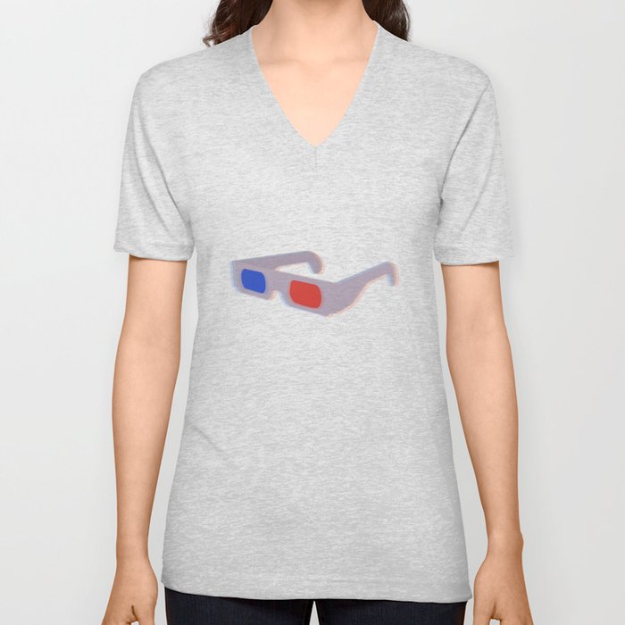 Retro 3D Glasses - Blue and Red V Neck T Shirt