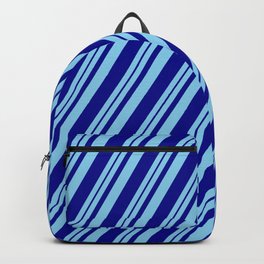 [ Thumbnail: Sky Blue and Dark Blue Colored Stripes Pattern Backpack ]