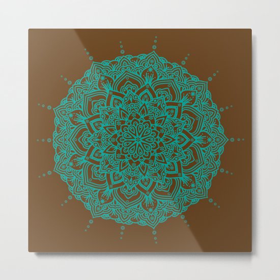 Blue Green Mandala With Droplets On Brown Metal Print