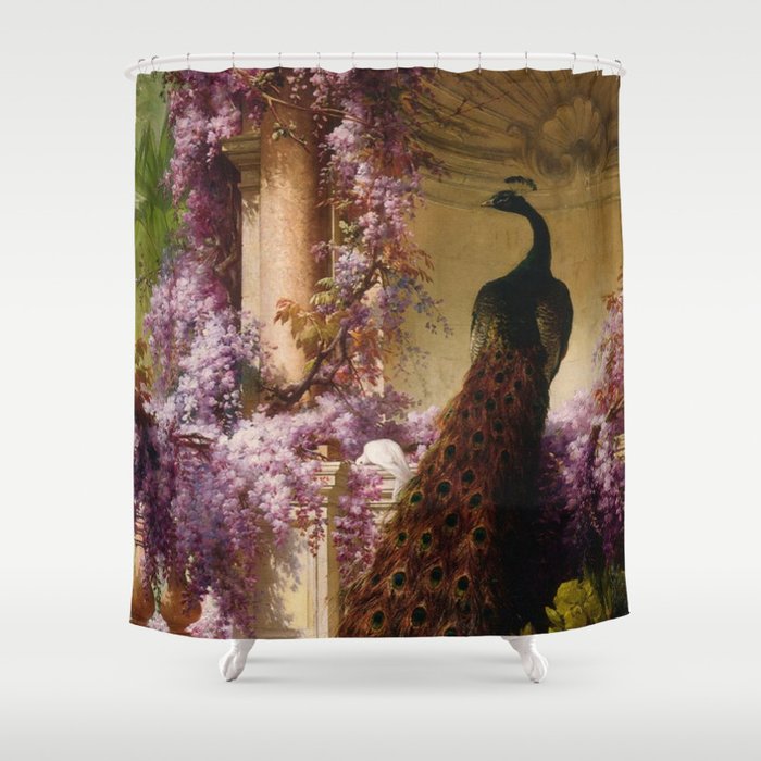 Peacock, White Doves, Yellow Iris & Purple Flowering Wisteria in a Garden landscape floral painting Shower Curtain