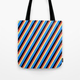 [ Thumbnail: Colorful Red, Tan, Blue, Black & White Colored Lined/Striped Pattern Tote Bag ]