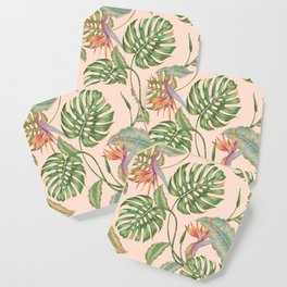 Floral seamless vintage tropical pattern background with exotic flowers, jungle leaves, monstera plant leaf, strelitzia, bird of paradise flower. Vintage botanical gentle illustration in Hawaiian style Coaster