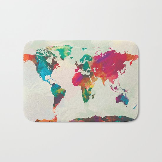 Watercolor World Map Bath Mat