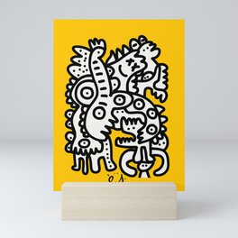 Black and White Cool Monsters Graffiti on Yellow Background Mini Art Print