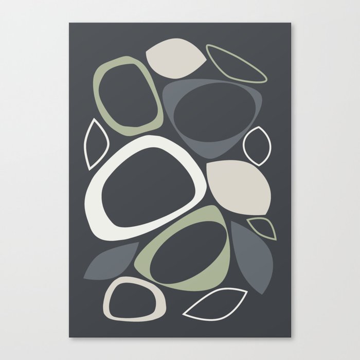 Mid Century Modern Abstract Shapes 8 in Charcoal, Sage Green, Grey and Cream Canvas Print