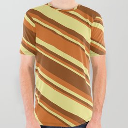 [ Thumbnail: Brown, Chocolate & Tan Colored Stripes/Lines Pattern All Over Graphic Tee ]