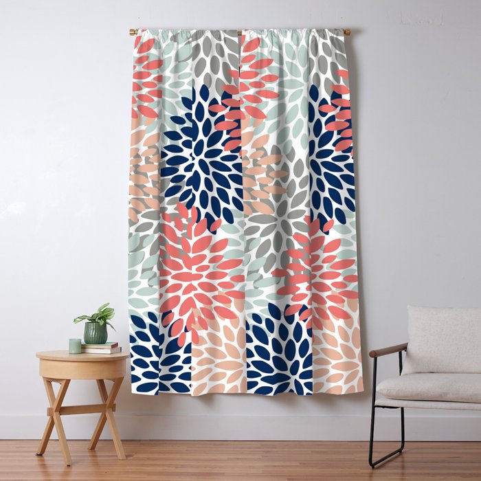 Floral Bloom Print Living Coral Pale Aqua Blue Gray Navy