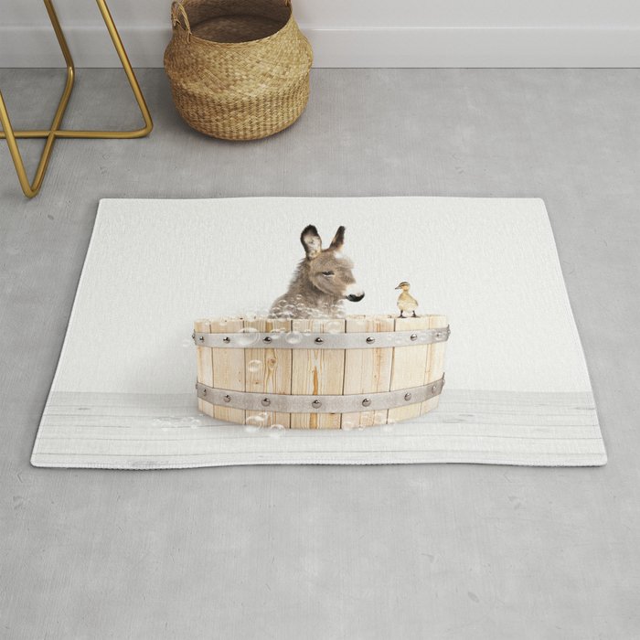 Baby Donkey in a Wooden Bathtub, Donkey Taking a Bath, Bathtub Animal Art Print By Synplus Rug