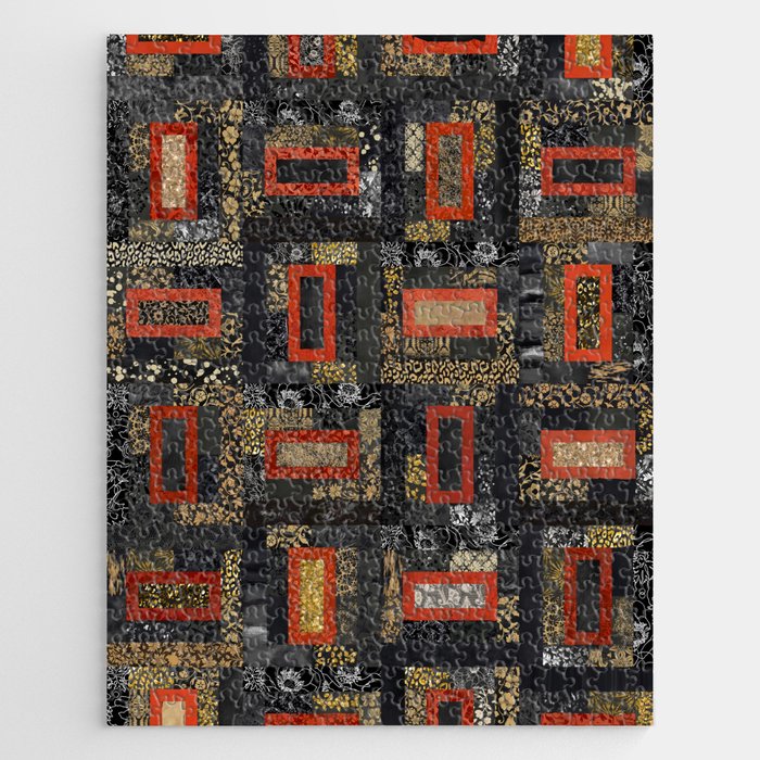 Black and Gold Modern Optical Tessellated  Pattern with Burnt Orange Details. Jigsaw Puzzle