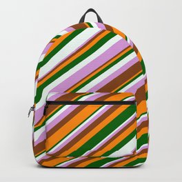 [ Thumbnail: Eyecatching Plum, Brown, Dark Orange, Dark Green & Mint Cream Colored Lined/Striped Pattern Backpack ]