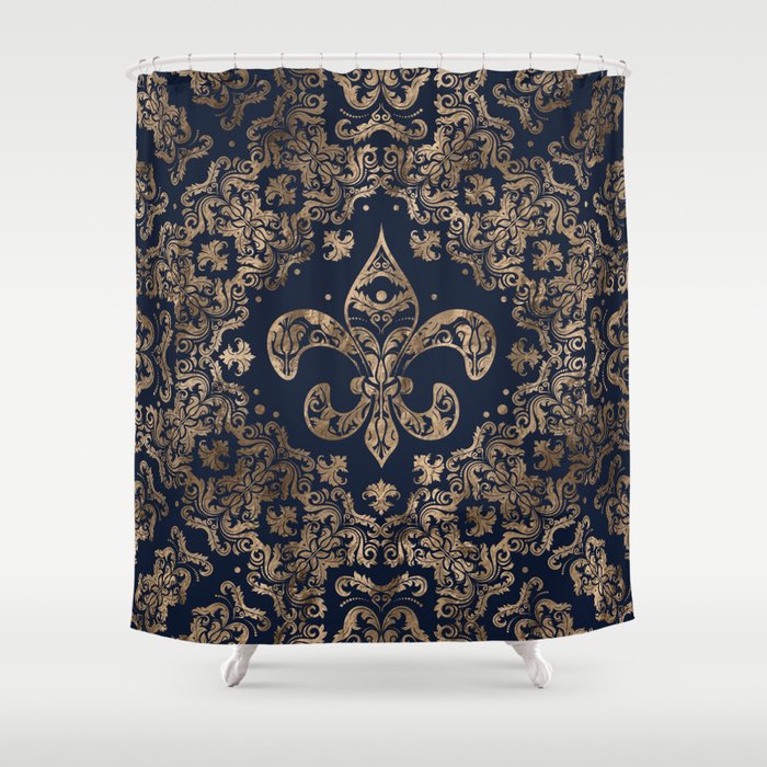 Luxury Fleur-de-lis Ornament - gold and dark blue Shower Curtain
