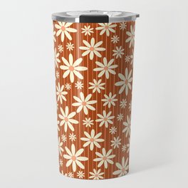 Retro Groovy Daisy Flower Power Vintage Boho Pattern with Stripes in Terracotta, Clay, Rust Travel Mug