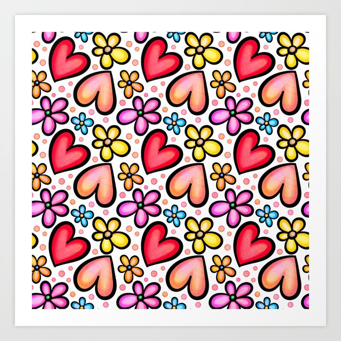 Doodle Heart & Flower Pattern 11 Art Print