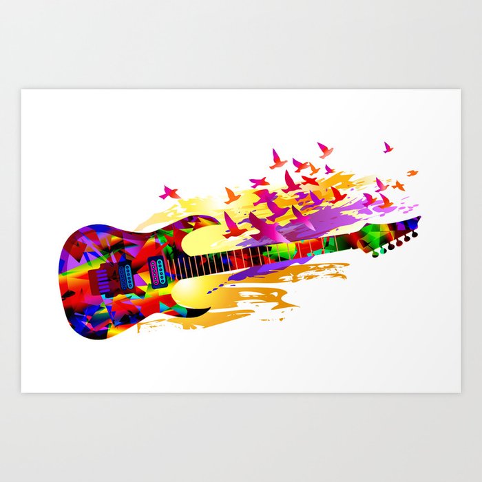 Colorful Music Instruments Painting Abstract Acoustic Guitar With Flying Birds Pop Art Digital Art Print By Arija Art