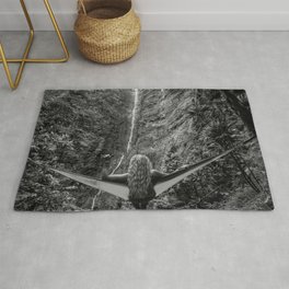 Mahalo; lost in the wilderness amid the waterfalls and tropics; blond female taking in the island natural sights black and white photograph - photography - photographs Area & Throw Rug