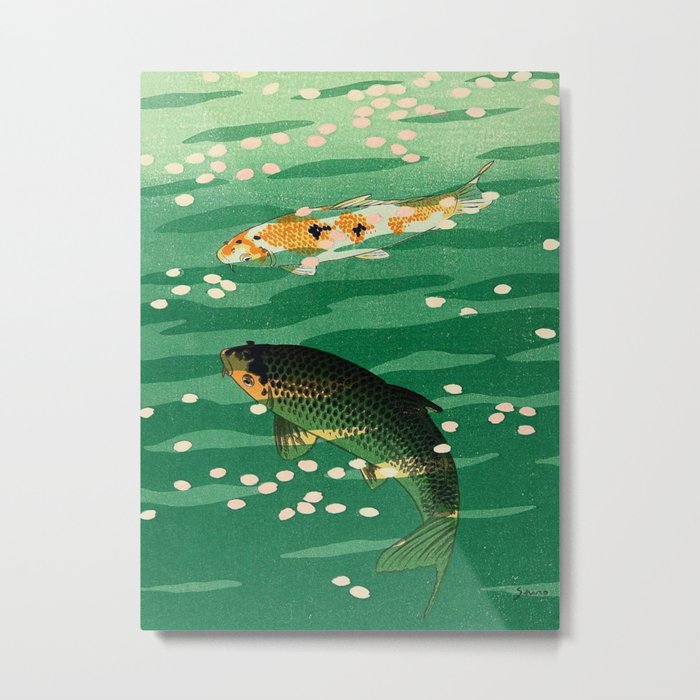 Vintage Japanese Woodblock Print Asian Art Koi Pond Fish Turquoise Green Water Cherry Blossom Metal Print