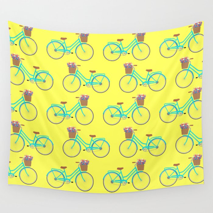 Bicycle with flower basket on yellow Wall Tapestry