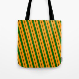 [ Thumbnail: Dark Orange & Dark Green Colored Striped/Lined Pattern Tote Bag ]