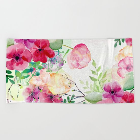 Vintage Flowers - Watercolor Floral Painting Beach Towel