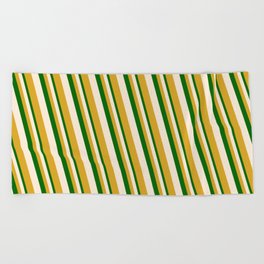 [ Thumbnail: Dark Green, Beige, and Goldenrod Colored Stripes/Lines Pattern Beach Towel ]