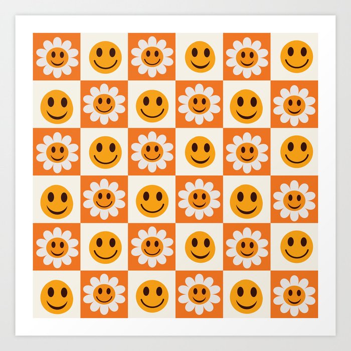 Checkered smiley flowers and smiley face on orange and white squares  Art Print