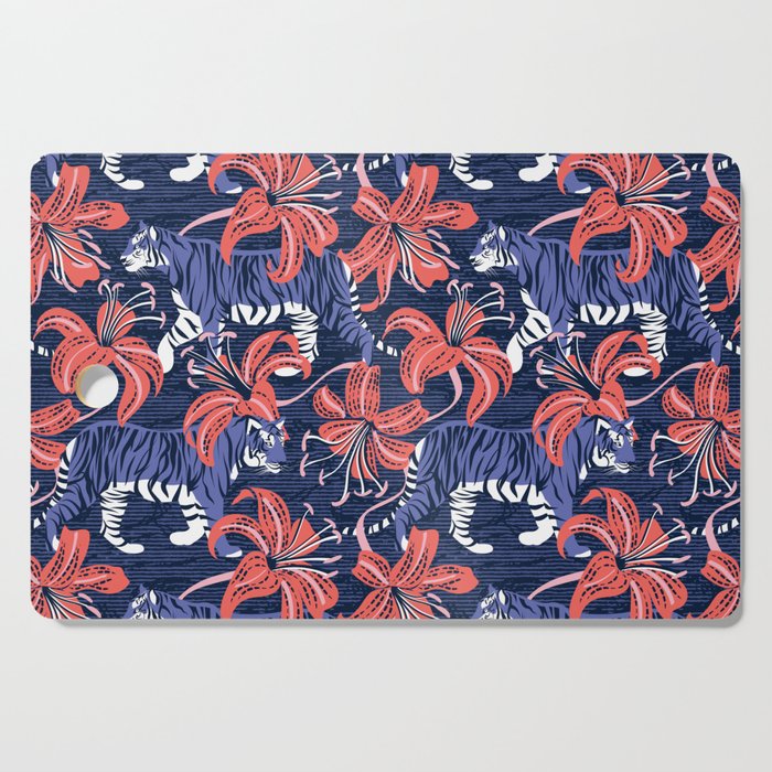 Tigers in a tiger lily garden // textured navy blue background very peri wild animals coral flowers Cutting Board