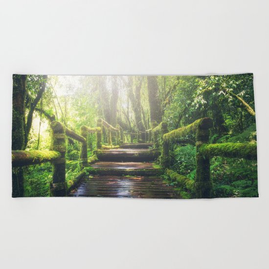Green Jungle Forest Path Beach Towel