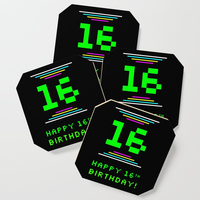 16th Birthday - Nerdy Geeky Pixelated 8-Bit Computing Graphics Inspired Look Coaster
