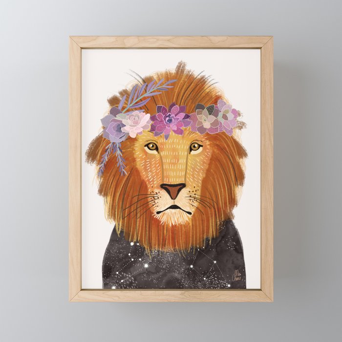 Lion with flowers on head Framed Mini Art Print