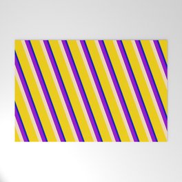 [ Thumbnail: Vibrant Green, Blue, Dark Violet, Bisque & Yellow Colored Striped Pattern Welcome Mat ]