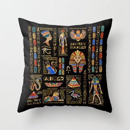 Egyptian hieroglyphs and deities on black Throw Pillow