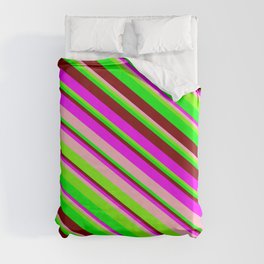 [ Thumbnail: Vibrant Fuchsia, Light Pink, Green, Lime, and Maroon Colored Pattern of Stripes Duvet Cover ]