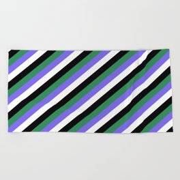 [ Thumbnail: Sea Green, Medium Slate Blue, White & Black Colored Striped/Lined Pattern Beach Towel ]