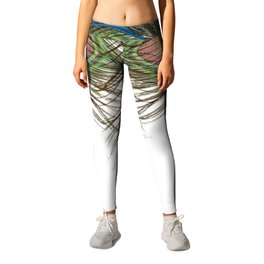 BLUE-GREEN PEACOCK FEATHERS WHITE ART Leggings