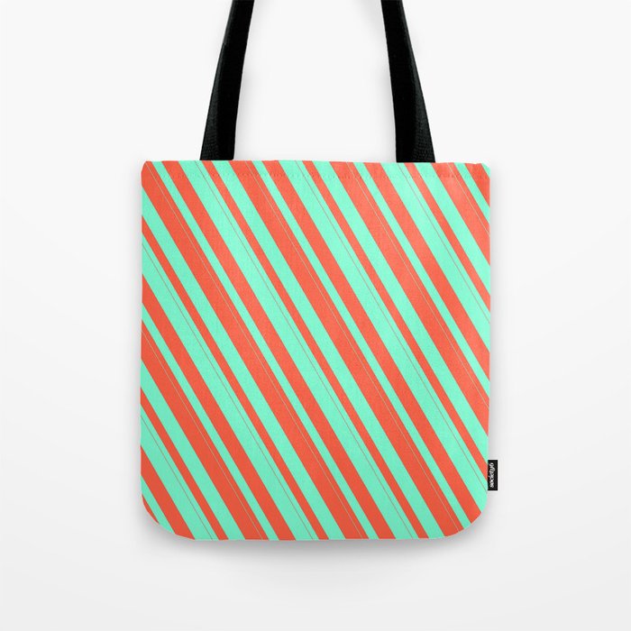 Red & Aquamarine Colored Stripes Pattern Tote Bag
