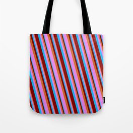[ Thumbnail: Deep Sky Blue, Dark Red, Chocolate & Violet Colored Lines/Stripes Pattern Tote Bag ]