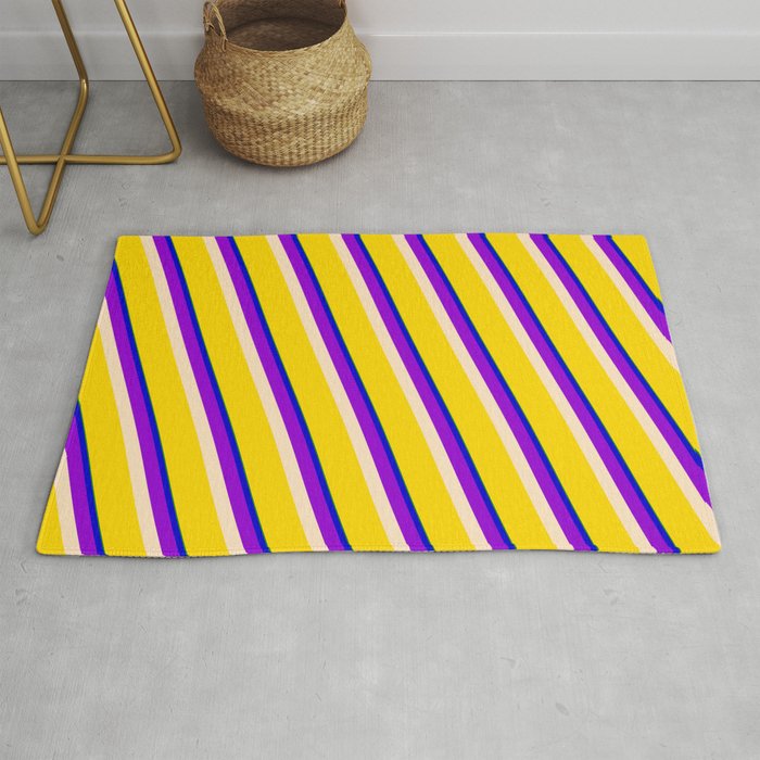 Vibrant Green, Blue, Dark Violet, Bisque & Yellow Colored Striped Pattern Rug