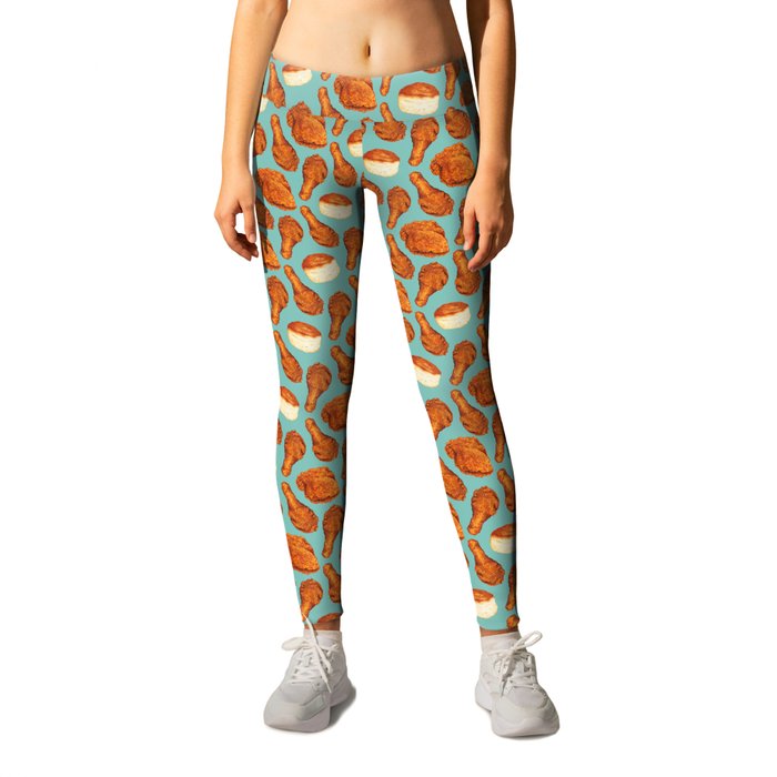 Fried Chicken Biscuit Pattern Blue Leggings by Kelly Gilleran